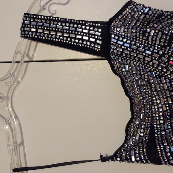 Banjul Black Semi Sheer One Shoulder Strap Gown with Silver Rhinestones Sz Small - Picture 5 of 16